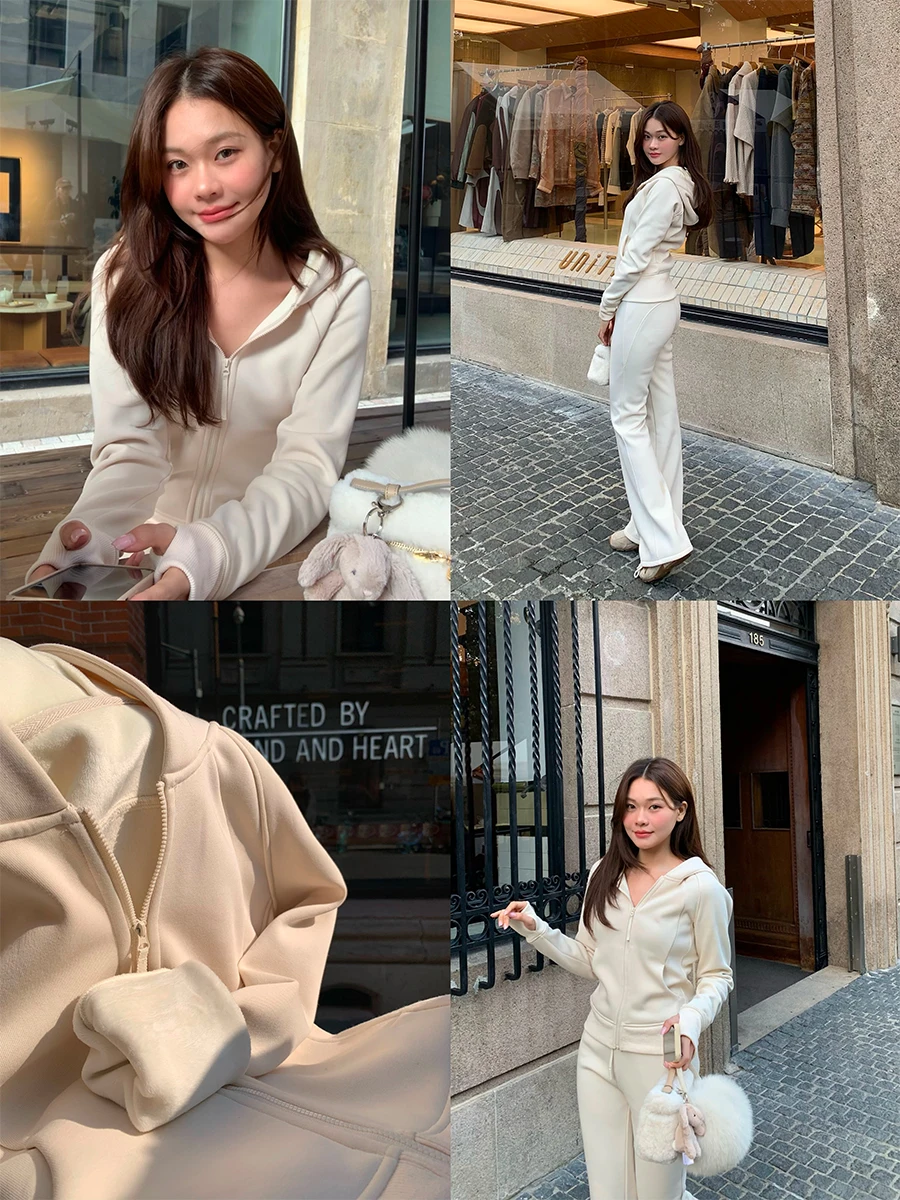 

Lazy Zoe Lulu Plum Series Winter Fce Lined Pure Color Fce Sweatirt Jaet Свободные брюки Micro Flare Повседневная спортивная одежда...