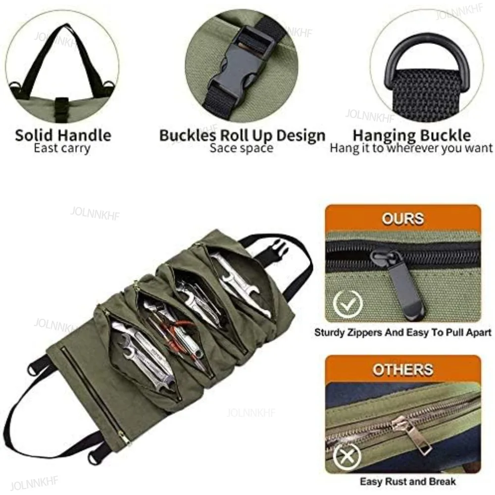 Multi Purpose Roll Up Tool Bag Canvas Tool Organizer Bucket Tool Roll Wrench Roll Car First Aid Kit Wrap Roll Storage Case