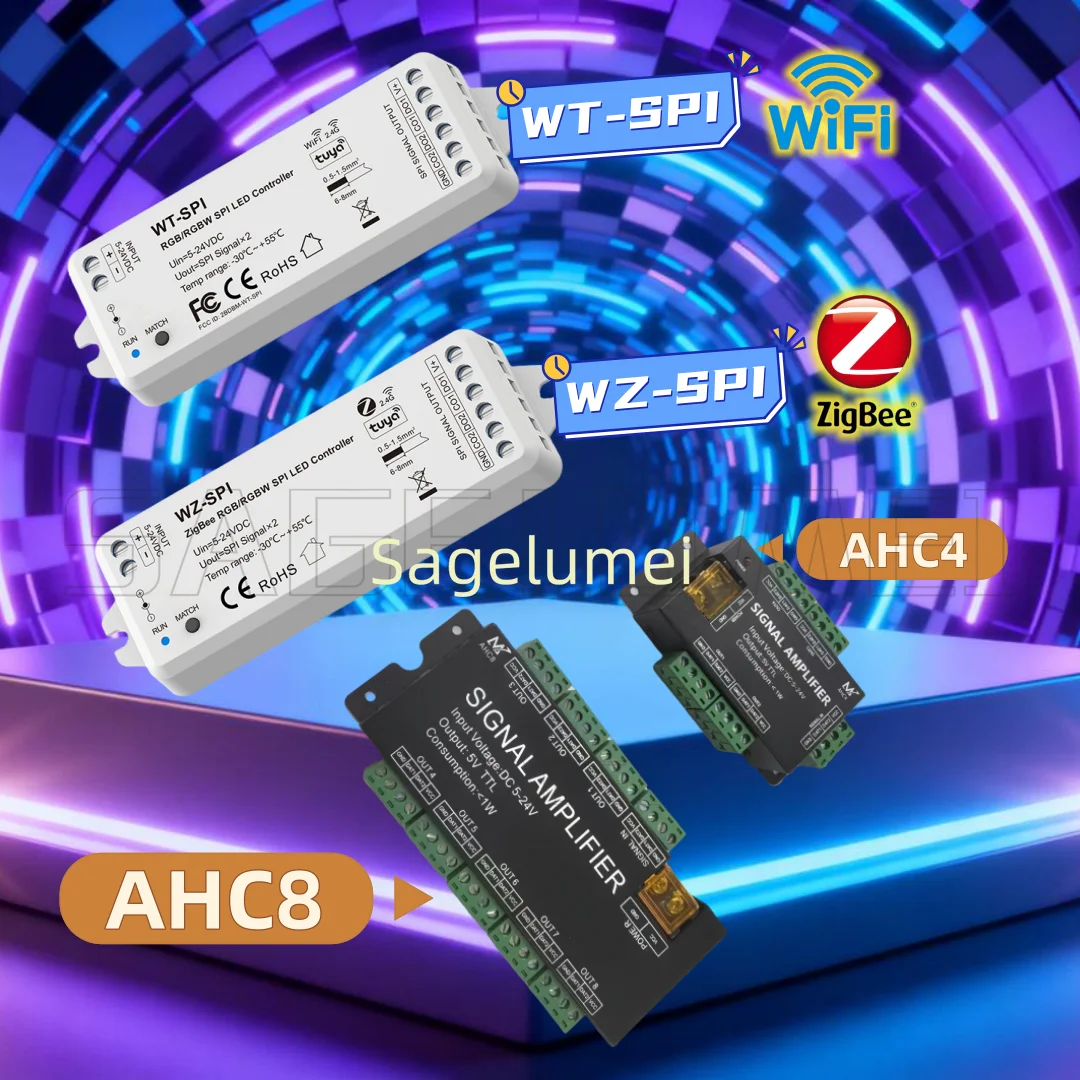 

Tuya WiFi Zigbee+RF SPI LED Controller WT-SPI/WZ-SPI DC5V-24V WS2811 Ws2812 Ws2815 SK6812 RGB/RGBW 4CH 8CH Signal LED Amplifier