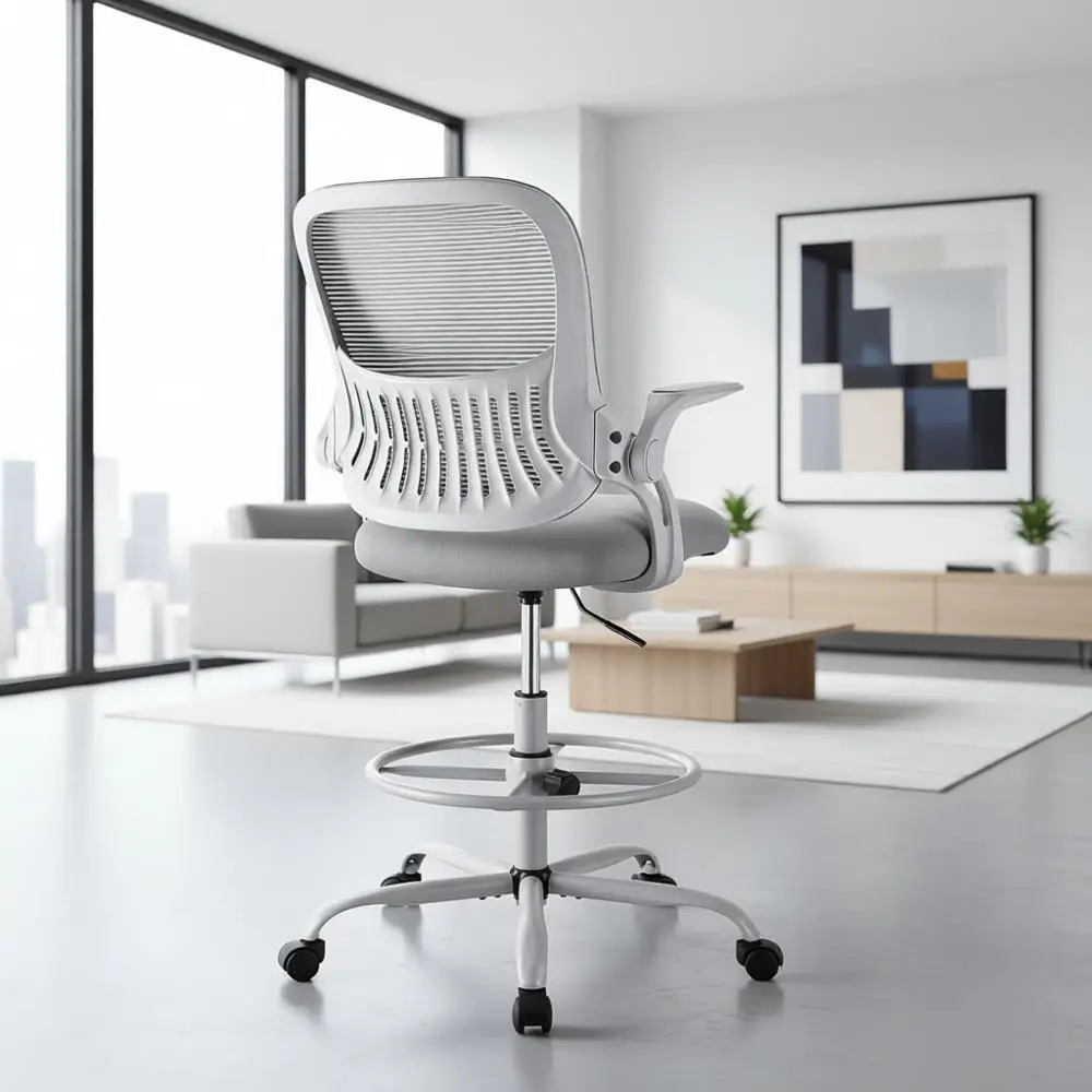 

Ergonomic Adjustable Standing Desk Chair with Swivel, Grey Mesh Back and Wheels