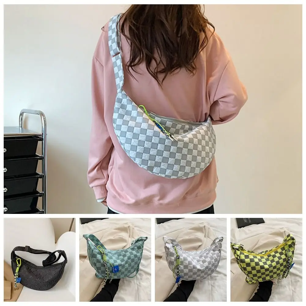 Dumpling Shape Half Moon Messenger Bag Personality Large Capacity Grid Plaid Crossbody Shoulder Bag Nylon Ins Style Shopping