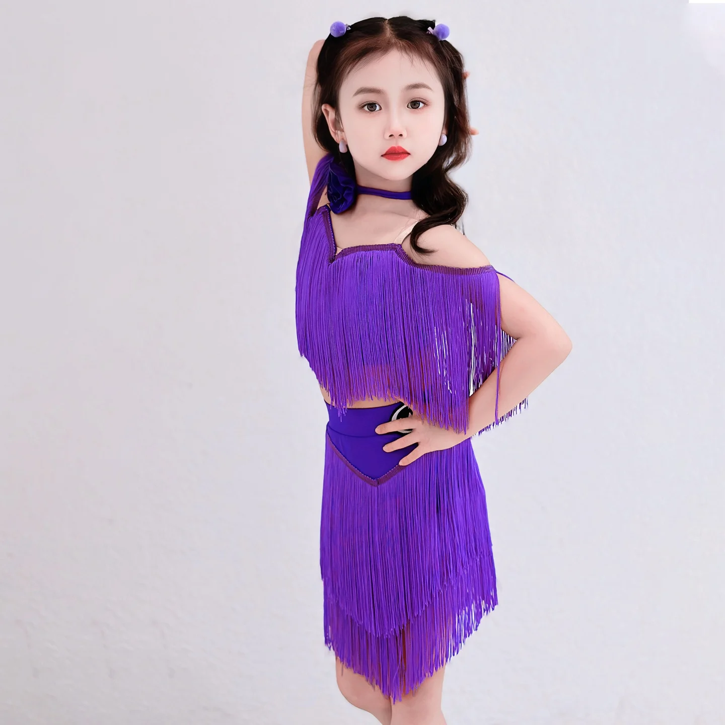 紫色のフリンジスーツ女の子ラテンダンスタッセル服子供チャチャラテンダンスパフォーマンス衣装ステージ着用 SL13279