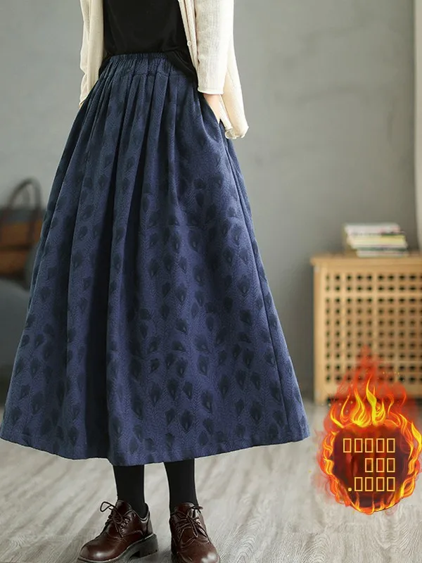 

Retro Artistic Cotton Linen Floed Lined Midi Skirt Versatile Woven Elastic Waist A-Line Skirt for Women in Ciwalk