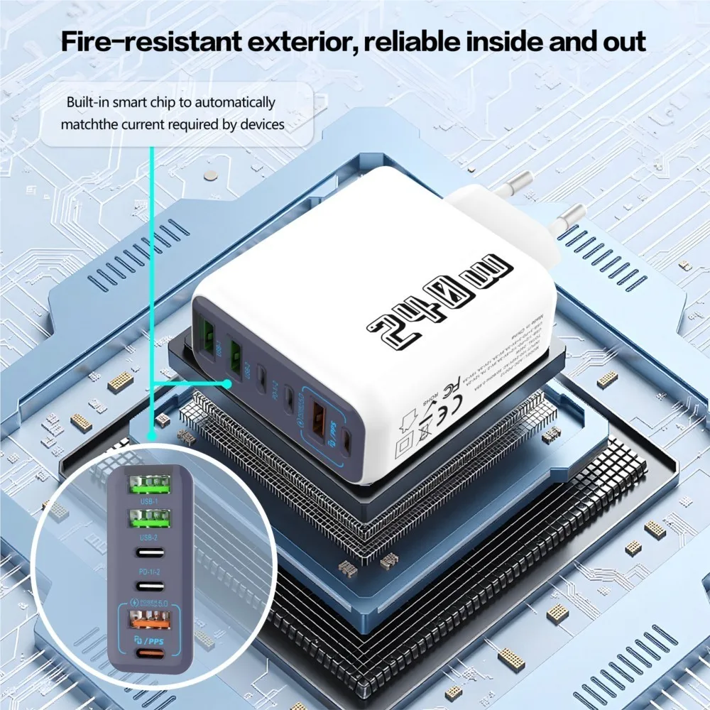 6 Ports USB C PD Charger 240W Quick Charge 3.0 Type C USB Phone Chargers Super Fast Charging Adapter For iPhone Samsung Xiaomi