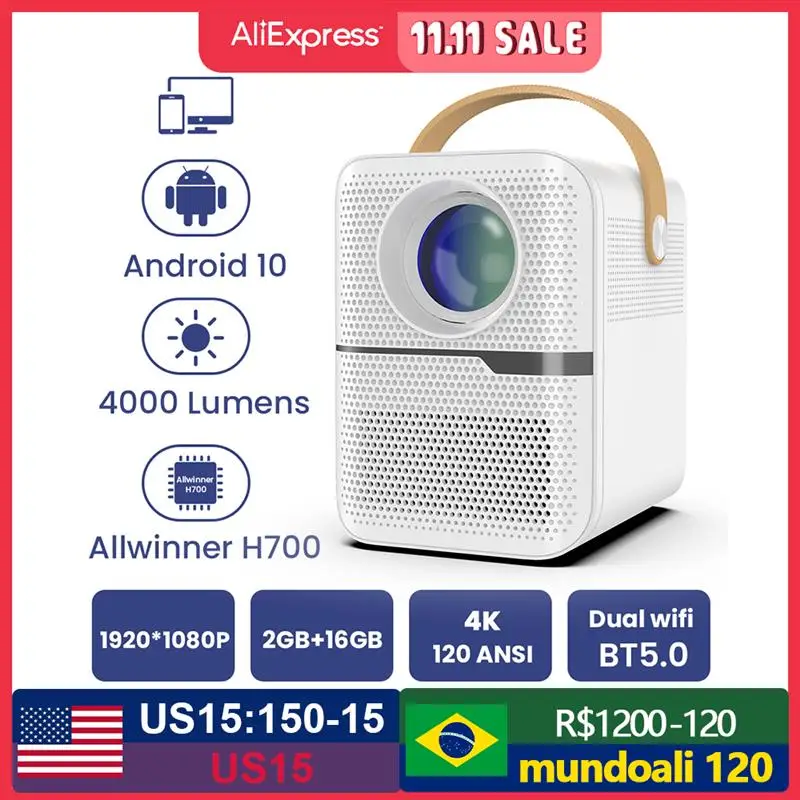 

Top LED Android 10.0 Projector Real 1920*1080P 4000 Lumens 120ANSI 2.4G&5G Wifi 4K BT5.0 Digital Projector Video Beamer