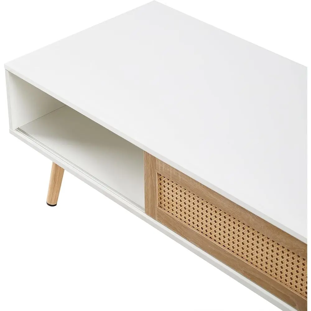 Modern White Rattan Storage Coffee Table with Wooden Sliding Door and Solid Legs for Living Room