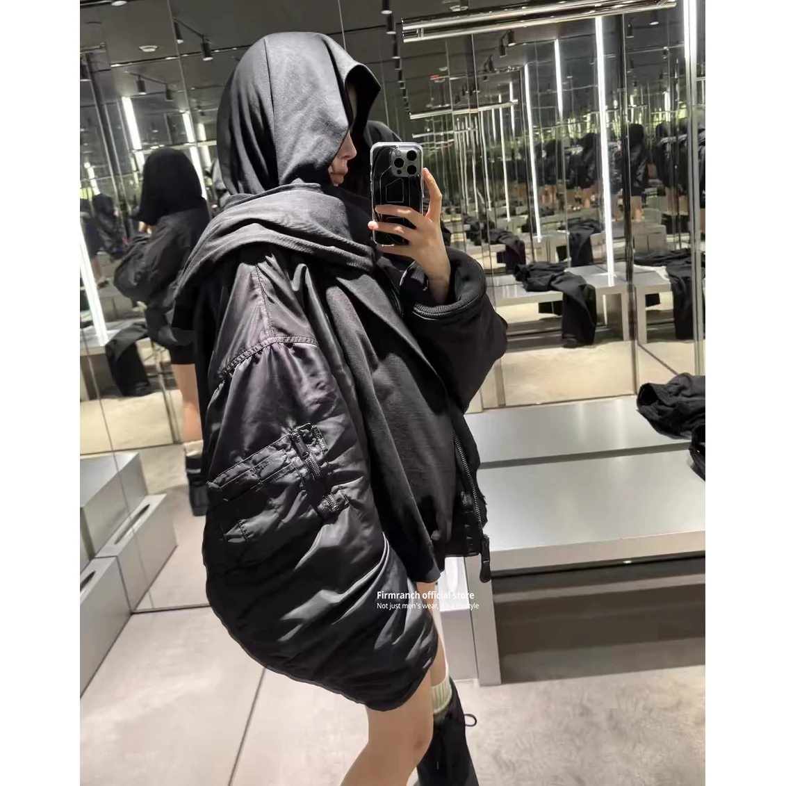 Firmranch New Short Winter Black Padded Bomber Jacket For Men Women Sleeved Hooded Thick Baseball Coat Street Outfits