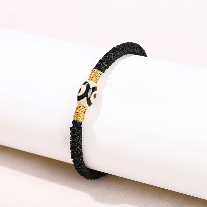 JD Natural Three Eyes Tibetan Dzi Agate Black Rope Woven Bracelet Women Men Vintage Simple Adjustable Bangles Yoga Prayer Gift