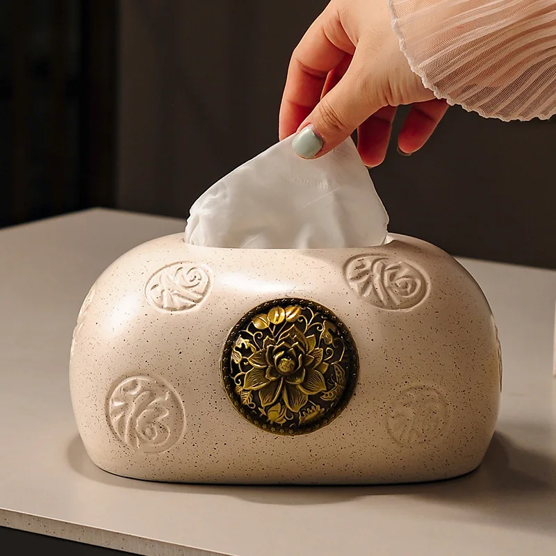 صندوق مناديل سيراميك مربع/دائري إبداعي طاولة طعام مزخرفة صندوق مناديل قابل للسحب مع تصميم زهور ذهبية ثلاثية الأبعاد ديكور منزلي #2