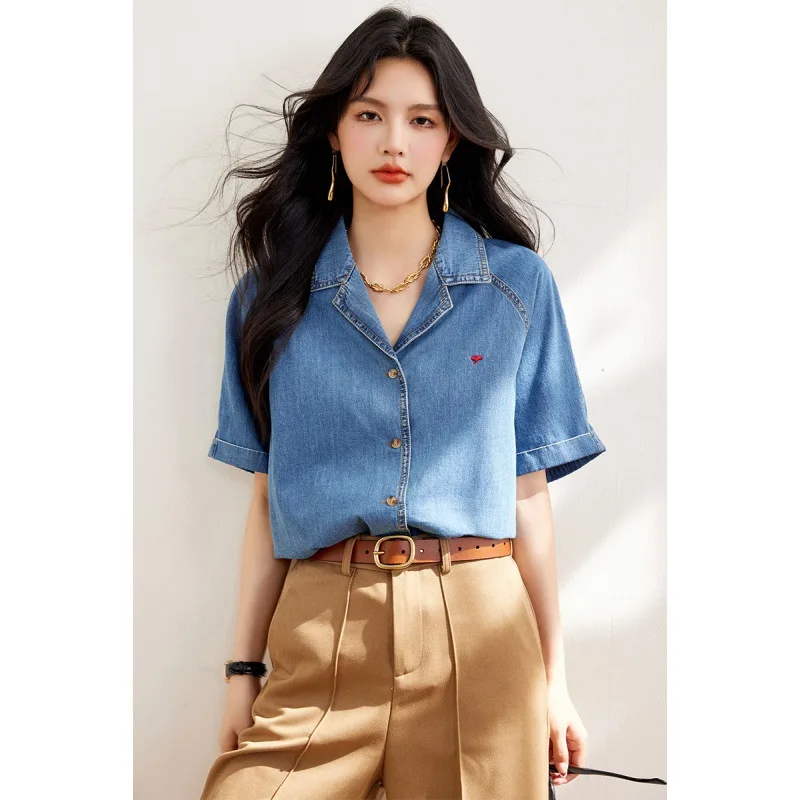 Flowers Casual Denim Shirts for Women 2024 Fashion Vintage Short Sleeve Loose Shirt Korean Style Single-Breasted Commuting Tops