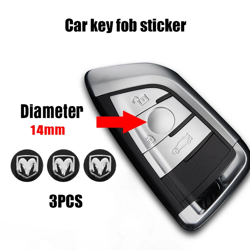 3 peças de Adesivos de Emblema de Liga de 14mm para Chave Remota de Carro para Dodge Caliber, RAM, Journey, Caravan, Charger, Viper, Dakota, Durango, Nitro