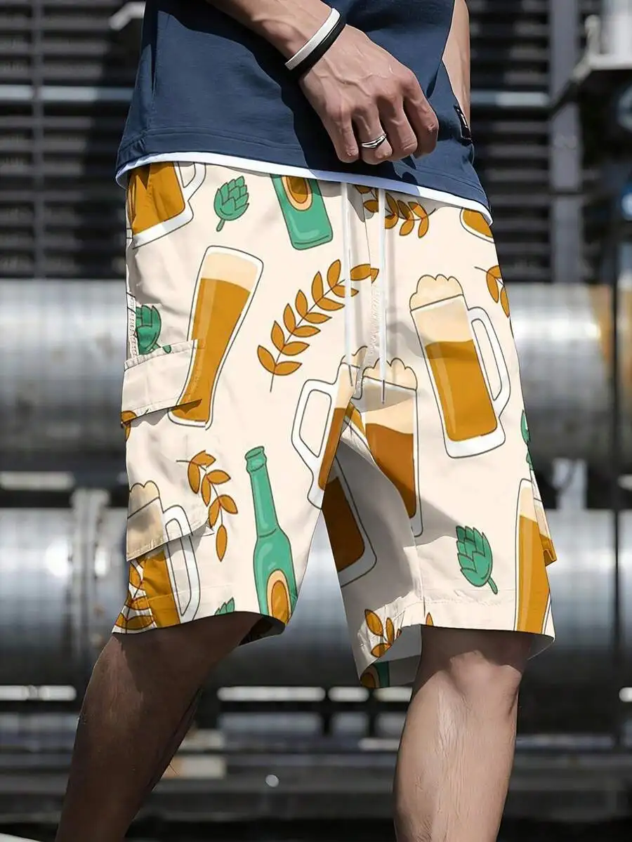 

Mens Cargo Shorts With Beer Mug And Wheat Print, Polyester, Lightweight Breathable