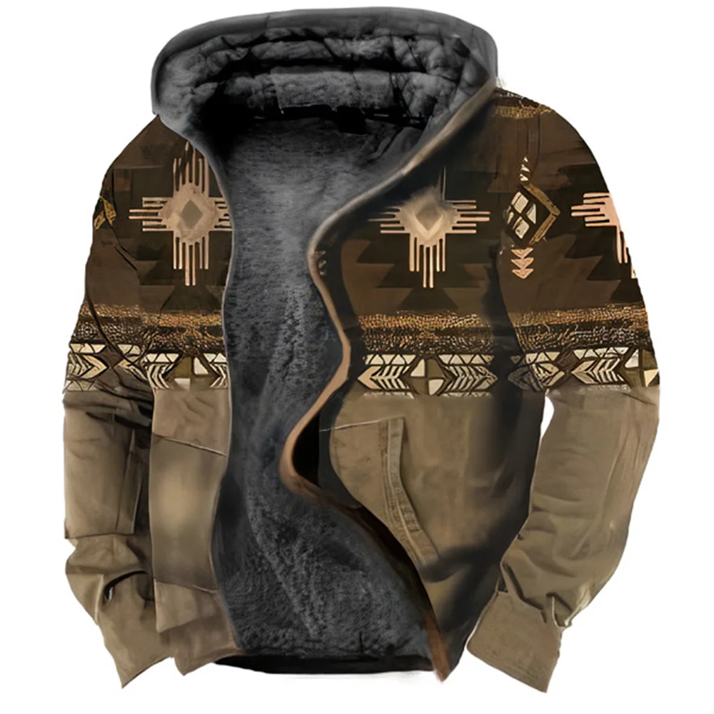 Vintage Autumn Winter Men Zip Up Hoodies Long Sleeve Fleece Hood Jackets Tribal Graphics Print Casual Outerwear Sweatshirts