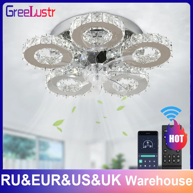 Led Luxury Crystal Ceiling Fan With Lights Remote Control Ceiling Fan Silver European Chandeilers Lamp for Home Livingroom Lumin