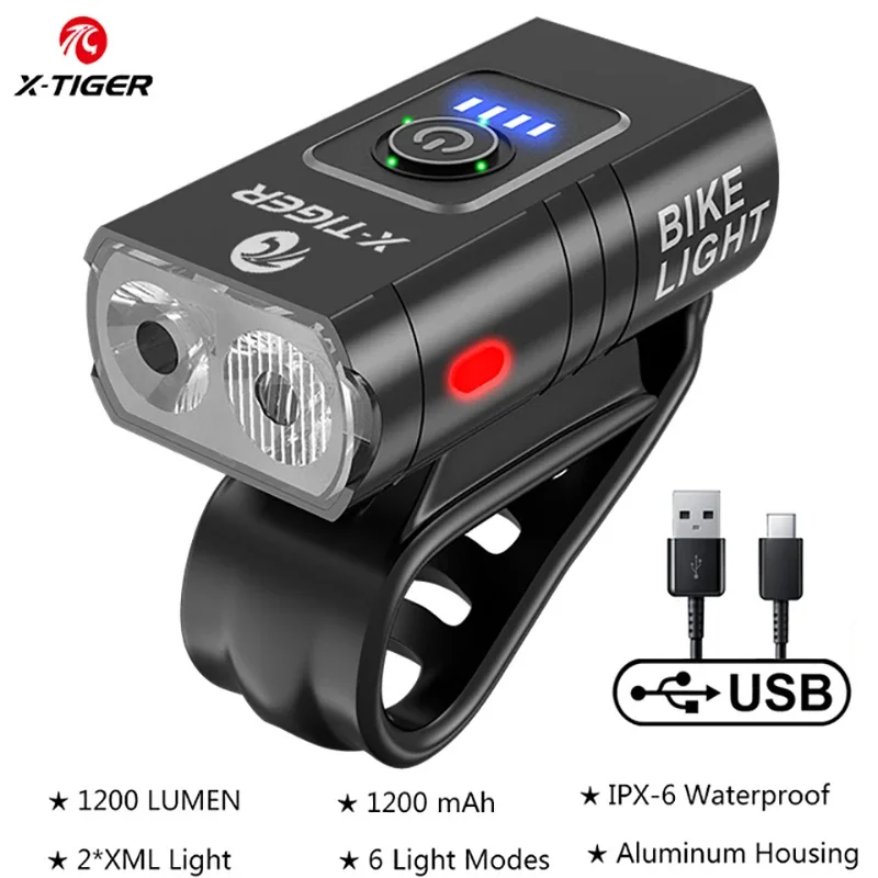 Image of X-TIGER USB wiederaufladbarer Rennrad-Scheinwerfer, LED, 1200 Lumen, MTB, regensicher, Fahrradlicht, Taschenlampe, 1200 mAh, Fahrradscheinwerfer
