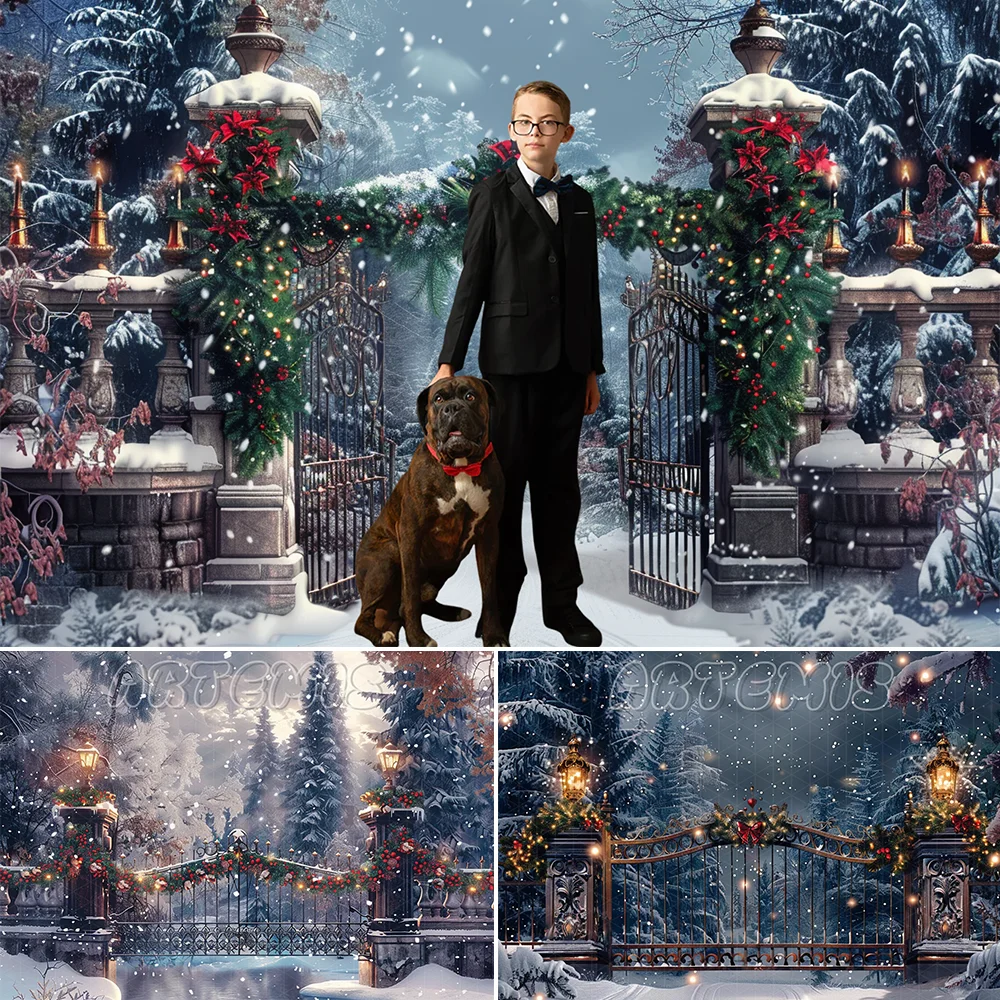 Winter Christmas Backdrop Gate Snow-covered Pine Trees Decor Mistletoe Holly Metal Fence Stone Bridge Photo Studio Photocall