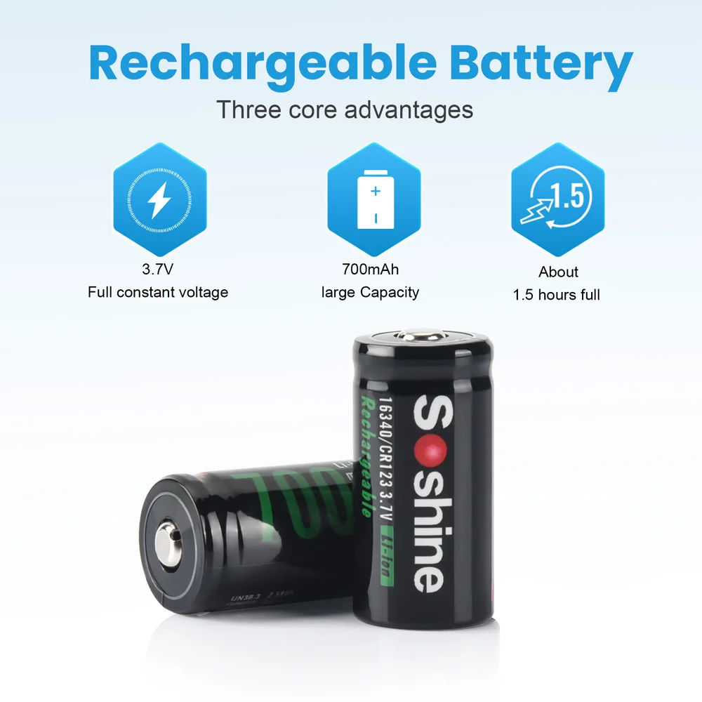 Soshine 3.7V 700mAh Rechargeable Battery Smart Lithium Batteries Charger RCR123 16340 700mAh Li-Ion Battery 500 Discharge Cycle