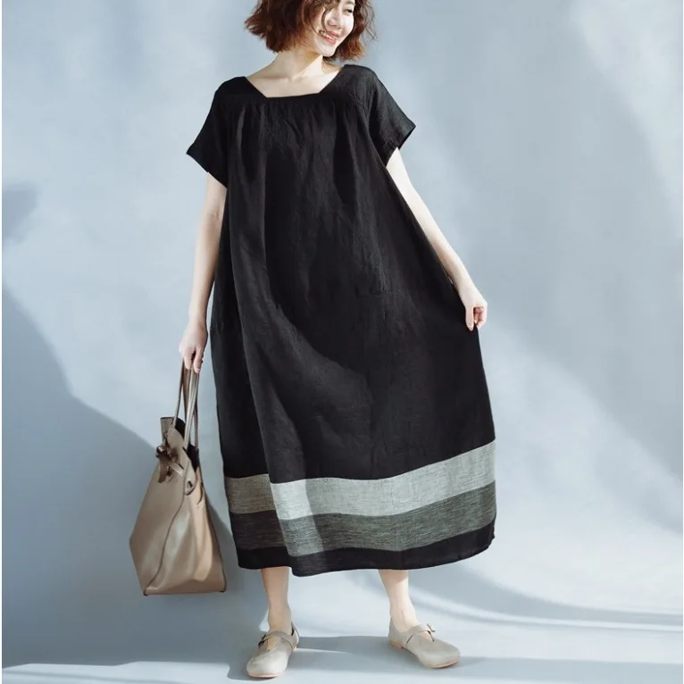 Summer Women's Cotton Linen Blend Long Dress Short Sleeve Color Block Contrast Large Size Artistic Style Cleanfit Loose Waist