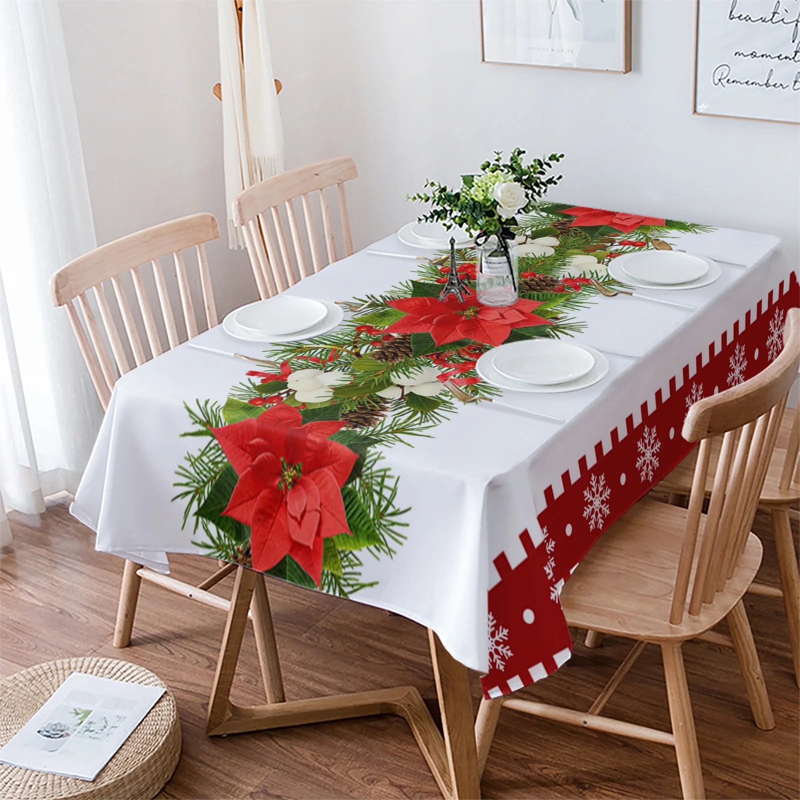 Christmas Flower Snowflake Pine Berry Wedding Table Cloth Waterproof Oilproof Dining Table Cover Kitchen Home Decor Tablecloth