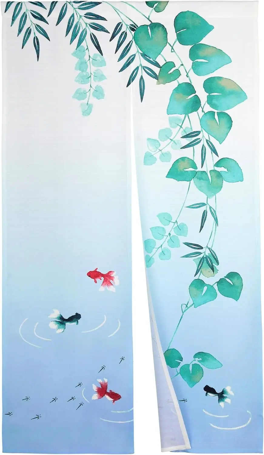 Oriental Water ripple Curtain, Light Blue Gradient Green Vine & Red Koi Fish Print, Traditional Japanese Style Home Decor Room