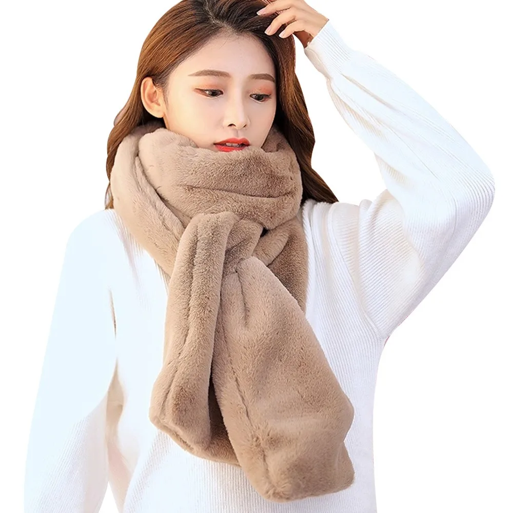 

Fashion Thicken Warm Faux Fur Winter Scarf Soft Plush Cold-proof Shawl Scarves Windproof Solid Color Neck Protector for Women