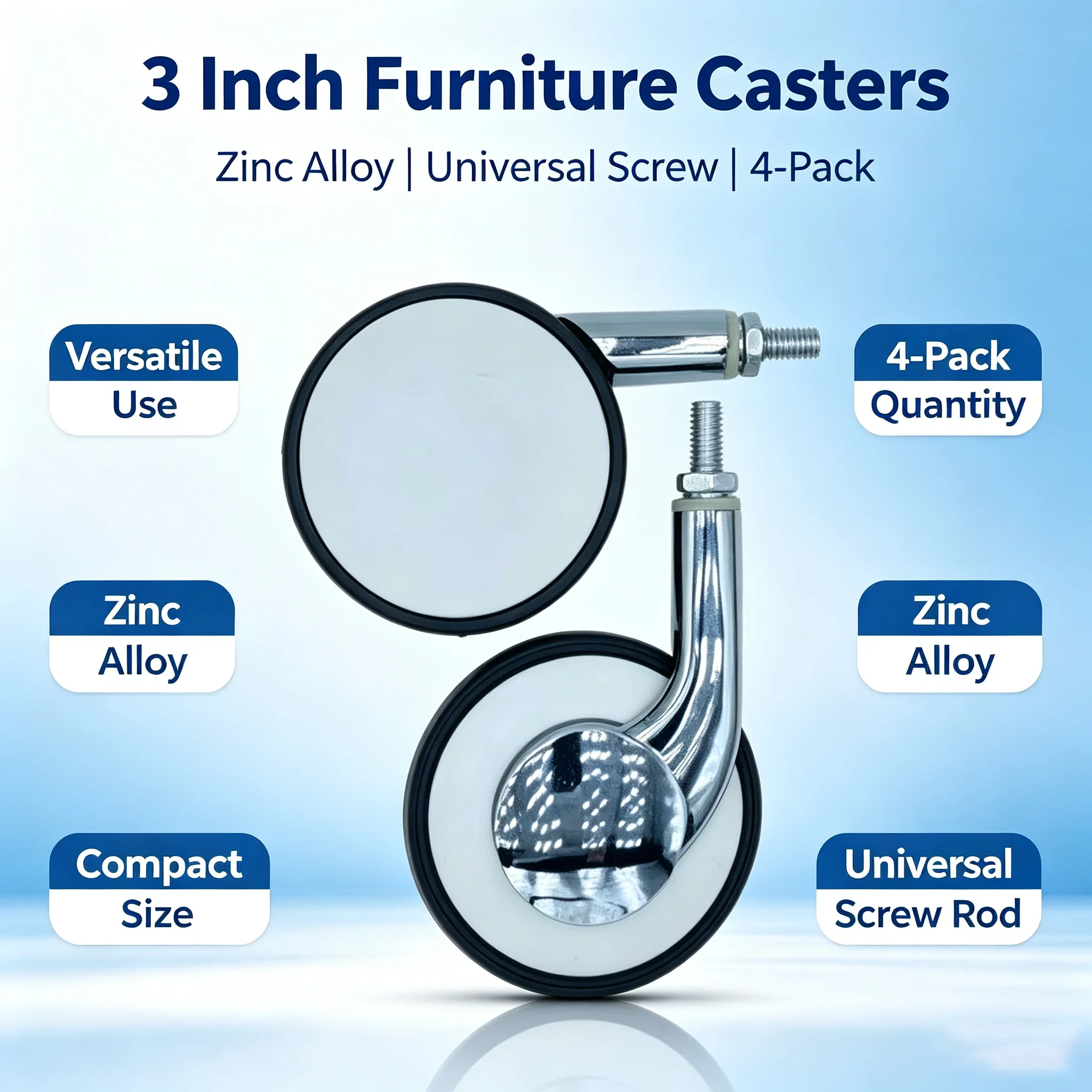 4-Pack 3 inch Universal Screw Rod Zinc Alloy Furniture Casters Silent Swivel Wheels for Dining Tables/Coffee Tables/Chairs