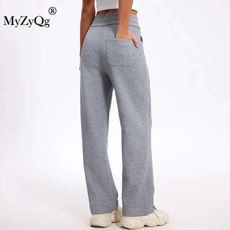 MyZyQg Autumn Winter High-waisted Padded Sports Casual Pants Double Line Split Thin Women Running Fitness Yoga Sweatpant