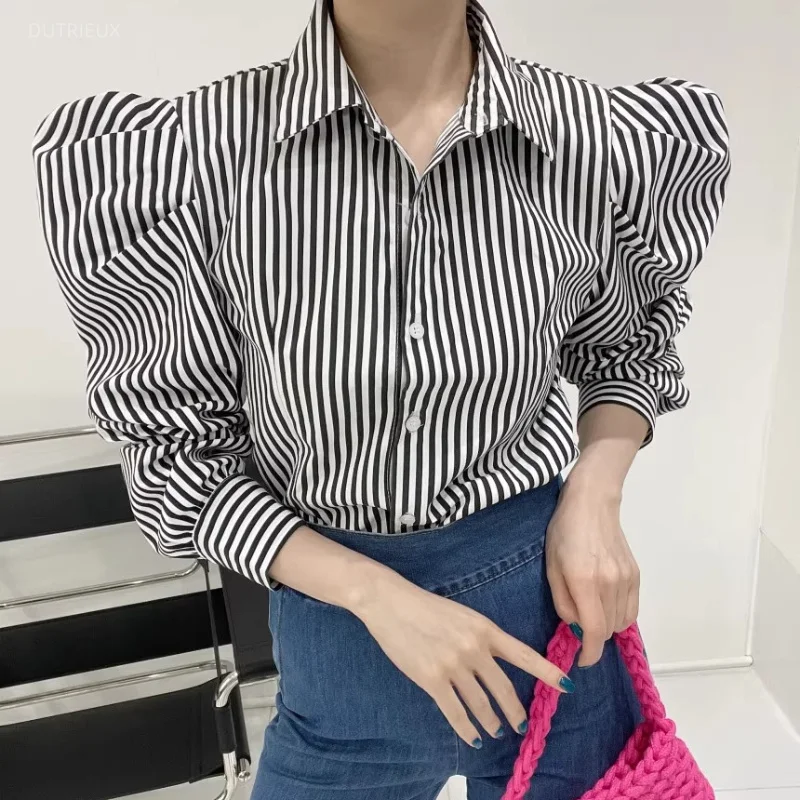 Shirts&blouses Women Tops Stripes Puff Sleeve Vintage Spring Autumn Blusas Mujer Korean Fashion Chic Elegant Camisas