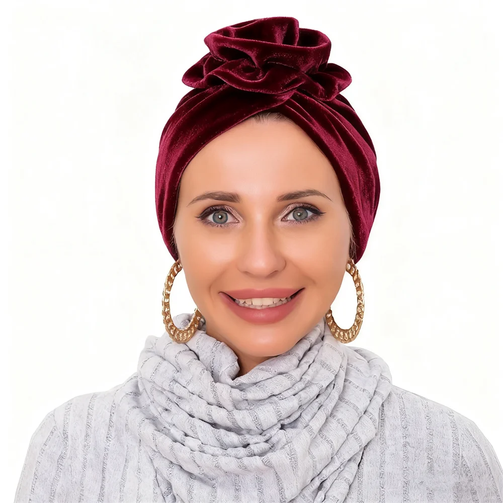 

Зимний теплый бархатный тюрбан, индийская шапка, женский мусульманский хиджаб, капот с цветком, шапочки, химиотерапия, головной платок от выпадения волос, Turbante Mujer