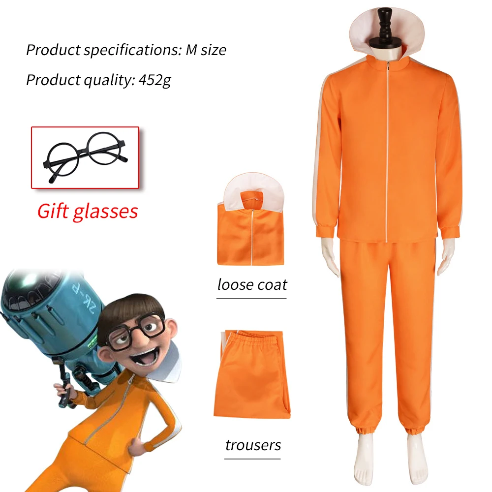 Movie Vector Cosplay Costume Orange Jakect Pant Glasses Outfits Set Mushroom-shaped Wig Halloween Fancy Suit Party Suit