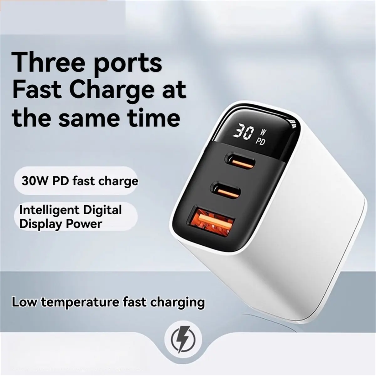 (ABGQ) 30W Multiple Sockets Charger Digital Display Quick Charge Fast Type C USB Charger for Laptop Phone A US Plug