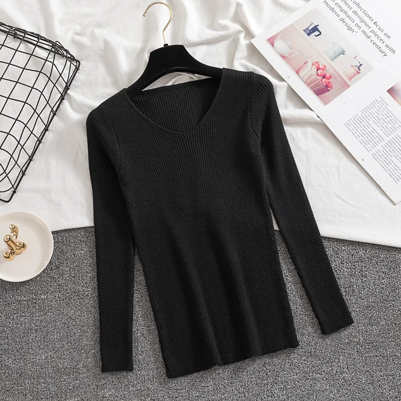 Autumn Thin Sweater Women Fashion Slim Solid Basic Pullover Korean Casual Simple V-Neck Long Sleeve Knitted Female Tops