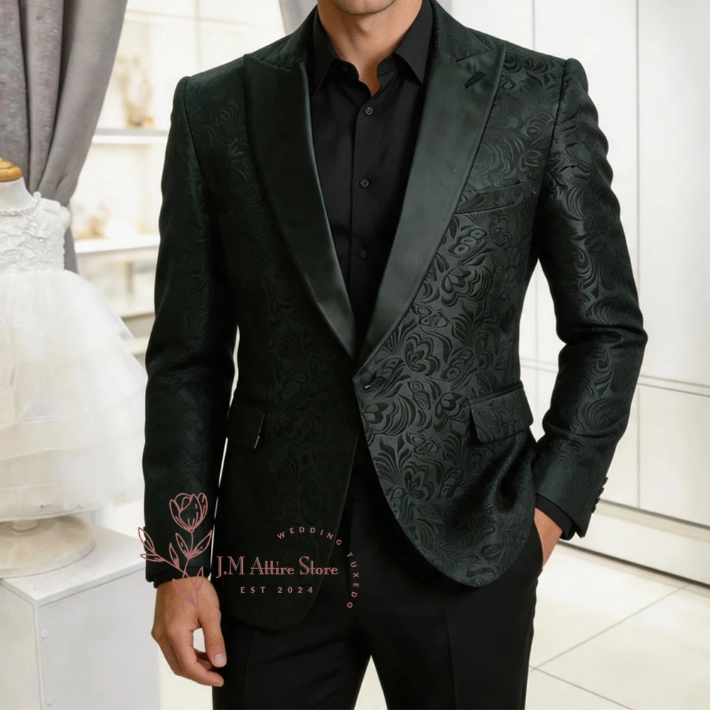 

Stylish men's 2-piece suit set jacquard peak-lapel jacket black pants custom slim fit for wedding grooms dating birthday party