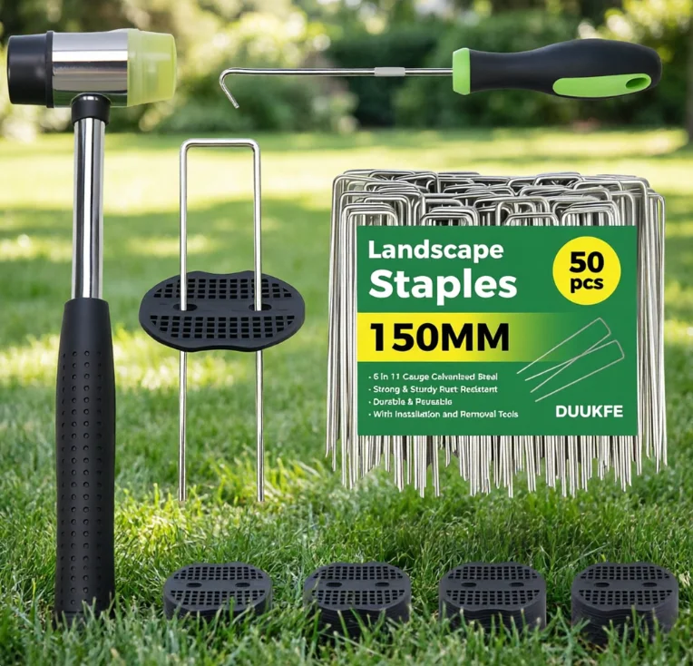 for Yard Sod Weed Mat Weed Barrier Stakes Landscape Staples Galvanized U Shaped With Rubber Mallet Pick Hook Gasket Included