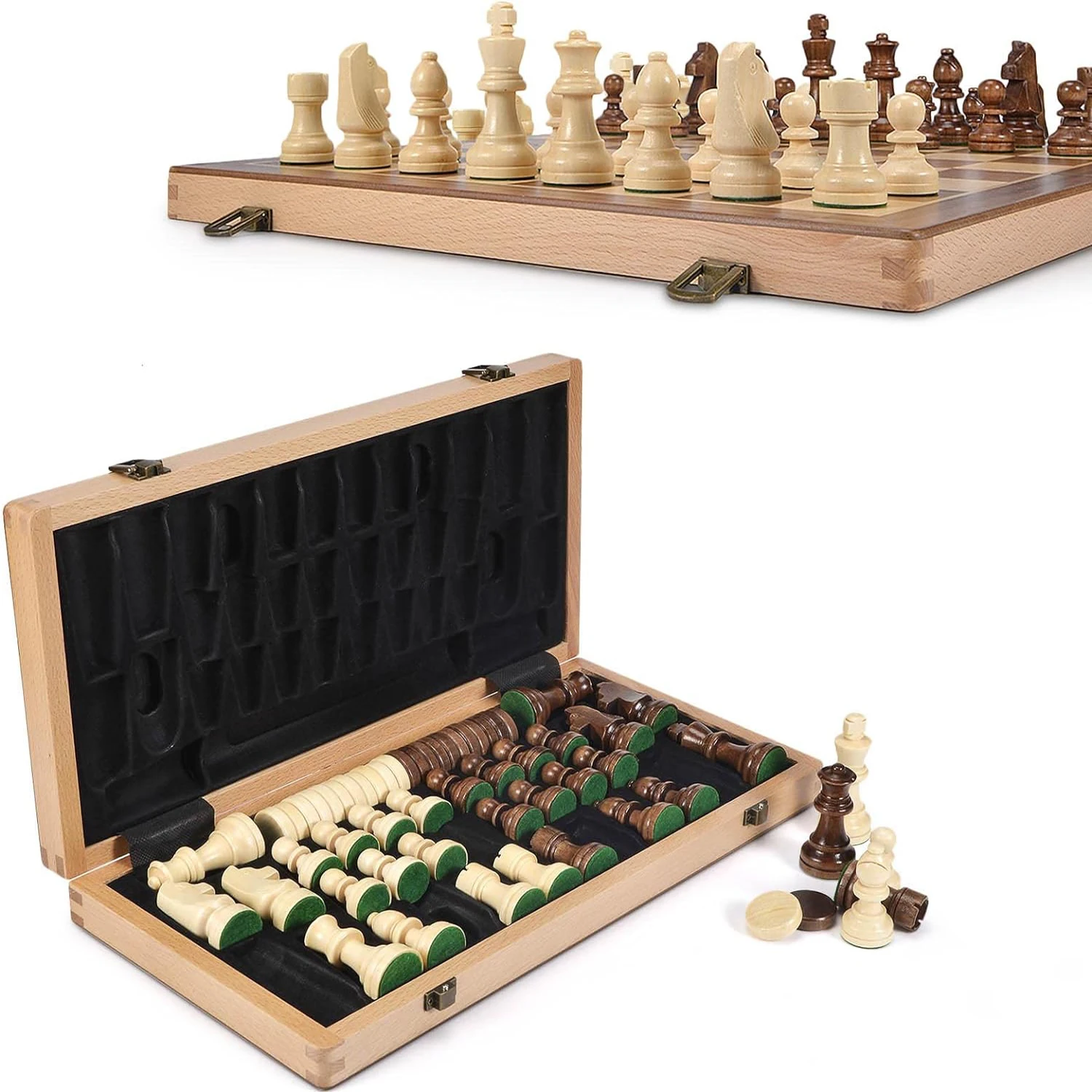 

15Inch/39cm Wooden Chess &Checkers Set Weighted Chess Pieces 2 Extra Queens 24 Checkers Storage Slots 2-in-1 Classic Board Game