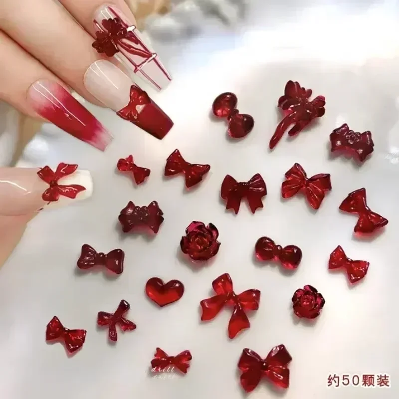 Ijs Transparant Frosted Hars Strik Hart Boor Strass Kristal Nail Art Decoratie Lint Strikje DIY Manicure Accessoires