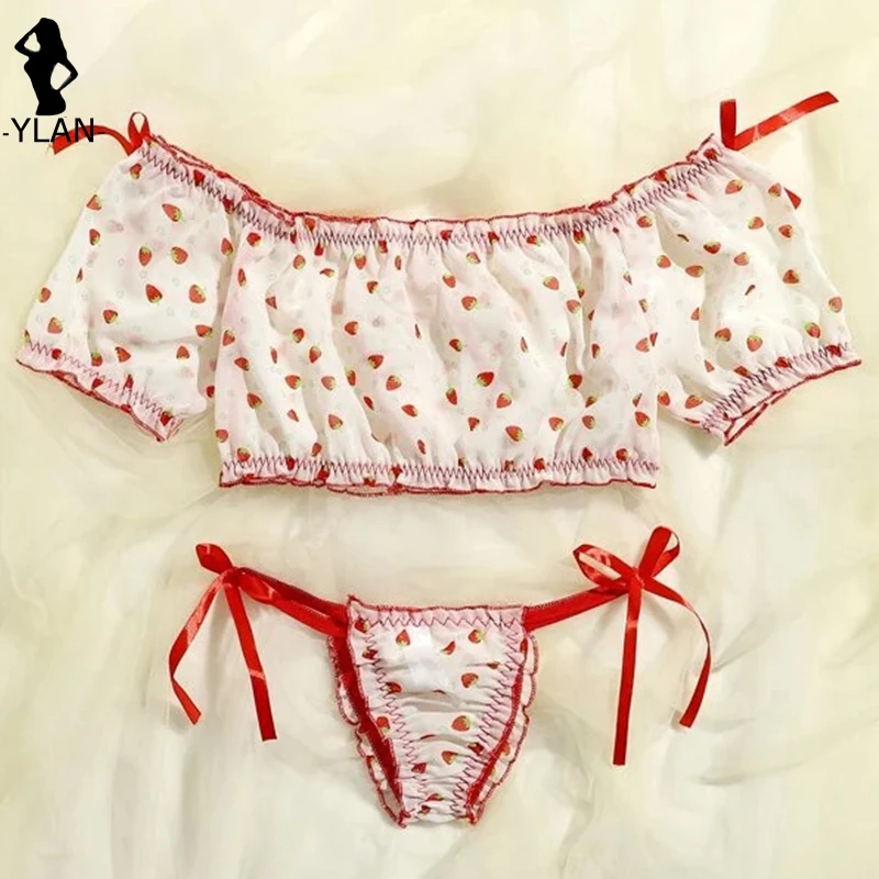 Off Shoulder Lingeries For Woman Sweety Tulle Sexy Underwear Set Strawberry Print Ruffle Bra Tops Thong Panty Beach Underwear