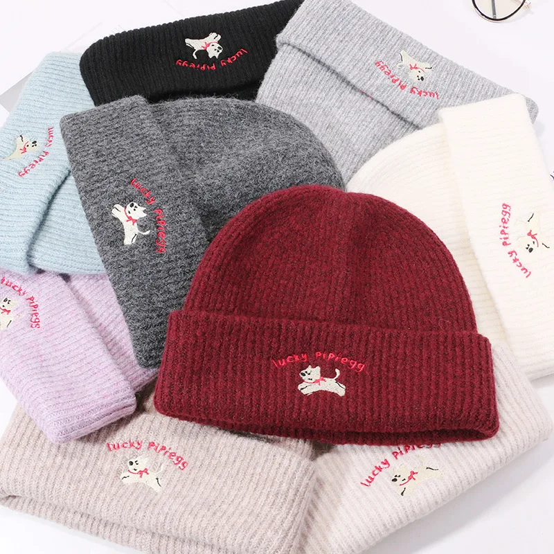 Cartoon Dog Embroidery Hundred Take Beanies Cap Winter Thick Keep Warm Cute Bonnet New Women Ear Protection Knit Wool Hats