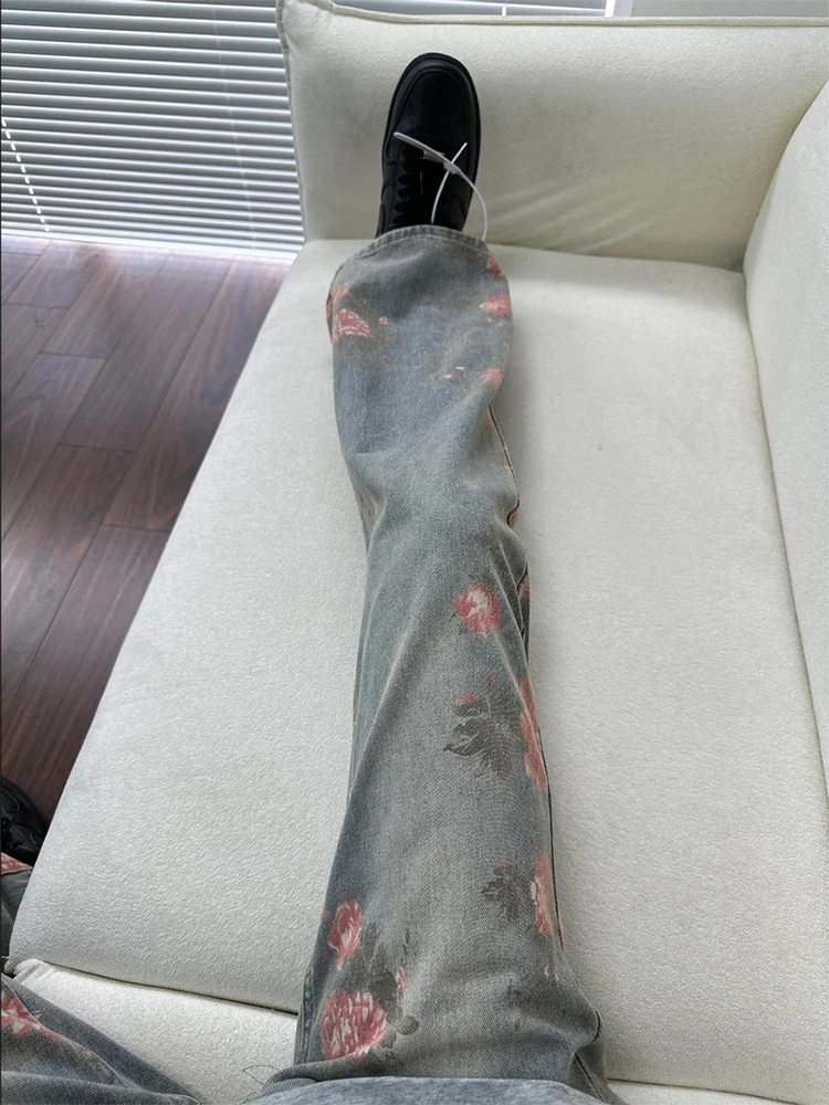 

Rose Print Bell Bot Jeans Men's Summer Thin American High Street Vibe mid High Waist Slim Straight Leg Jeans Casual Loose Fit