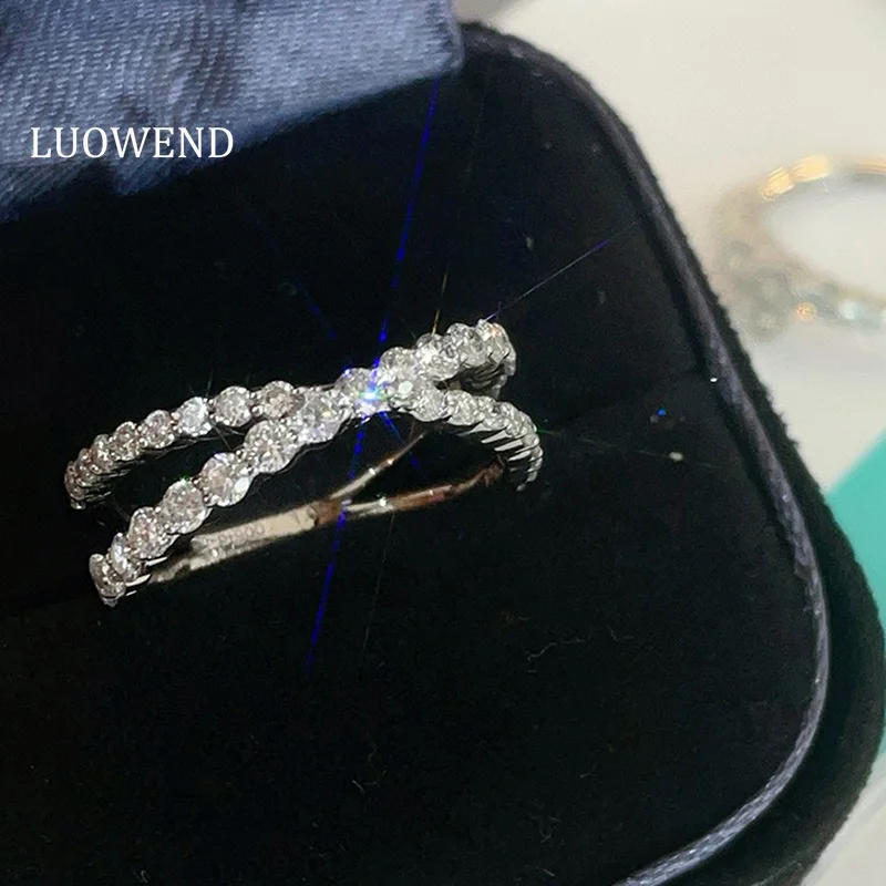 LUOWEND Platinum 900 Ring Luxury Cross Shape 1.0carat Real Natural Diamond Engagement Ring for Women High Wedding Jewelry