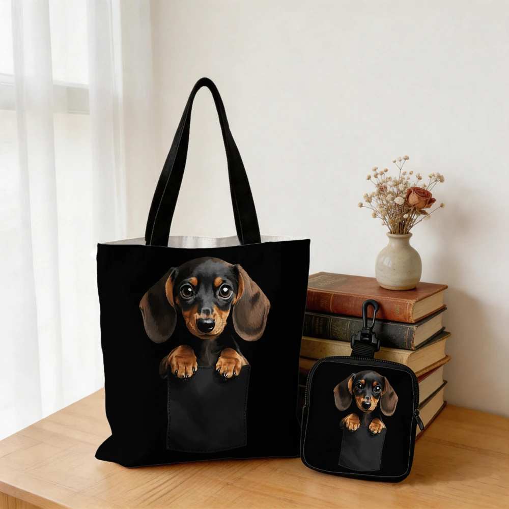 1/2PC Cute Dachshund Print Canvas Tote Bag with Matching Coin Purse - Black Reusable Shopping Bag Set for Women, Dog Lover Gift