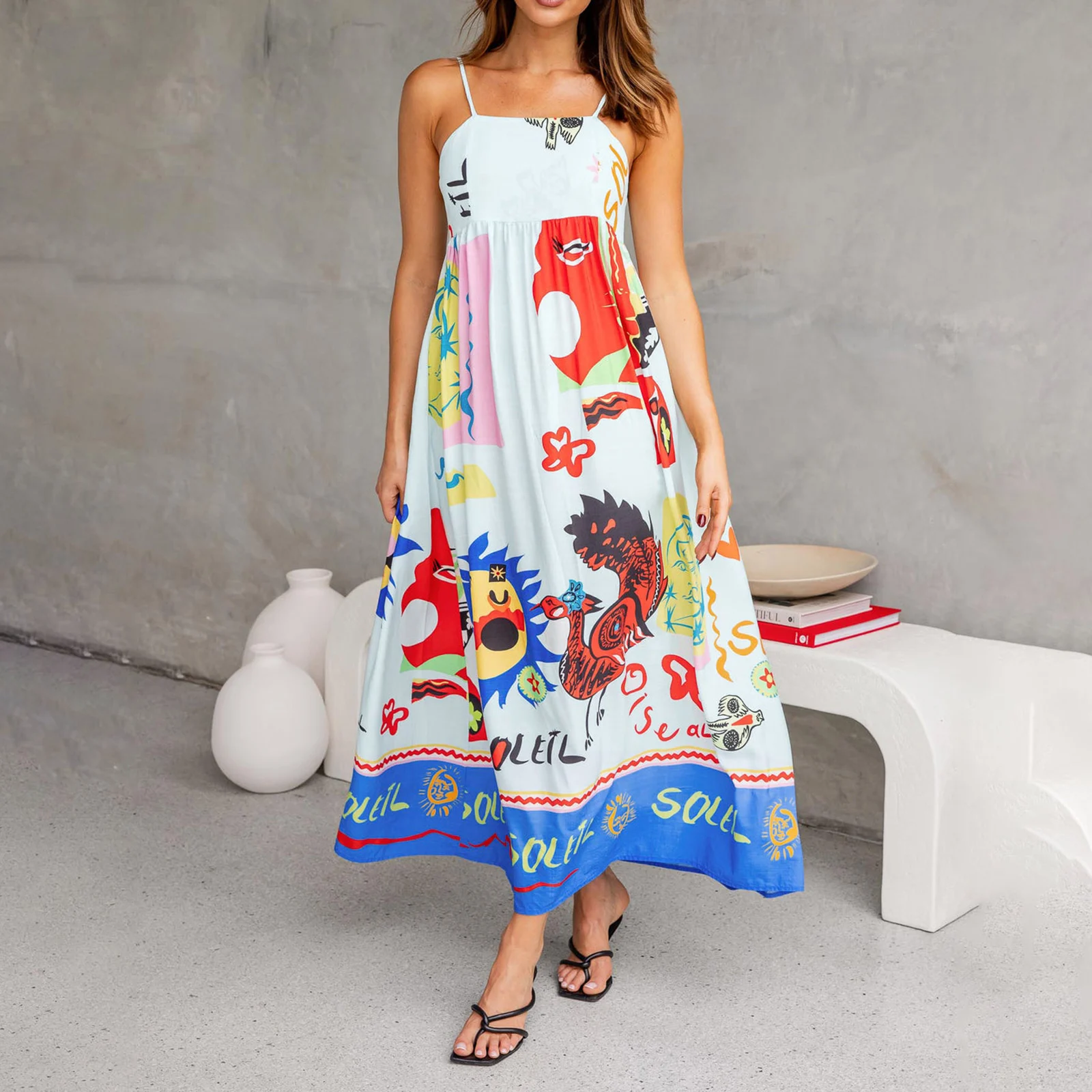 

Women's Bohemian Sling Dress Summer Cartoon Print Sleeveless Tie Back A-Line Party Dress for Vacation Cocktail Beach Clothes