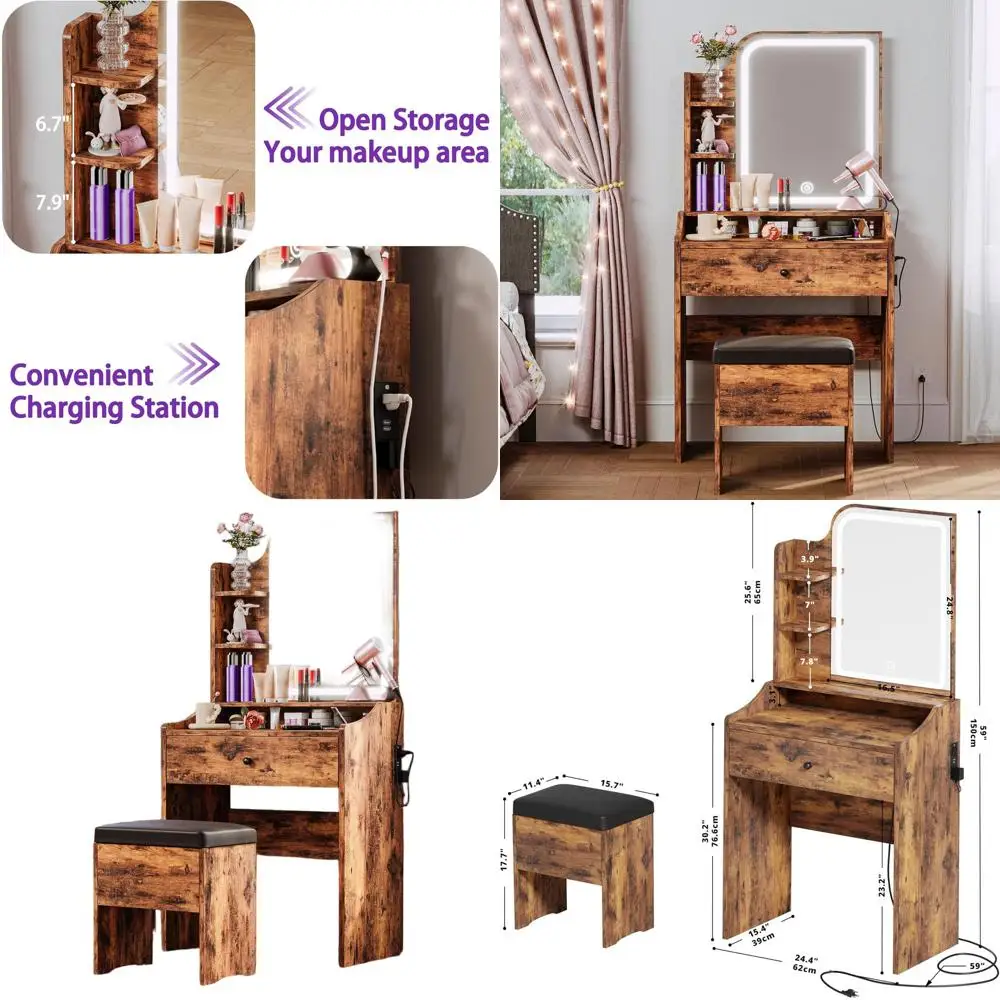 Toaletka w stylu vintage w kolorze brązowym z lustrem, oświetleniem, miejscem do przechowywania, krzesłem i 3 półkami