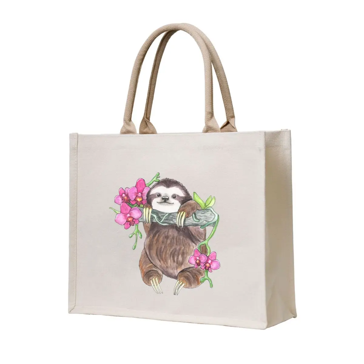

Happy Sloth with orchids Tote Bag Women's shopper bag custom tote bag Woman shopper