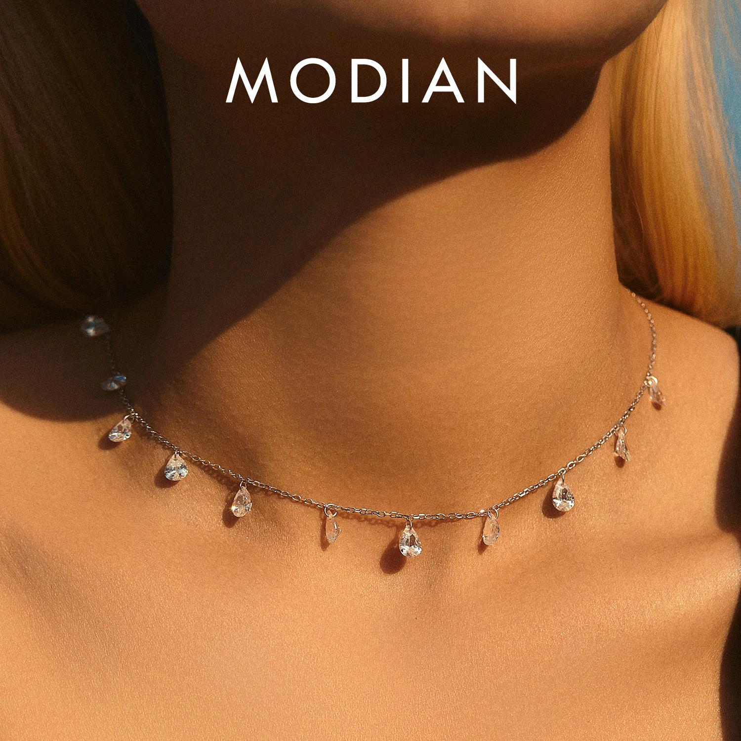 MODIAN 925 Sterling Silver Stackable Clavicle Chokers Naszyjnik Błyszczący cyrkon Łańcuszek na szyję dla kobiet Drobna biżuteria