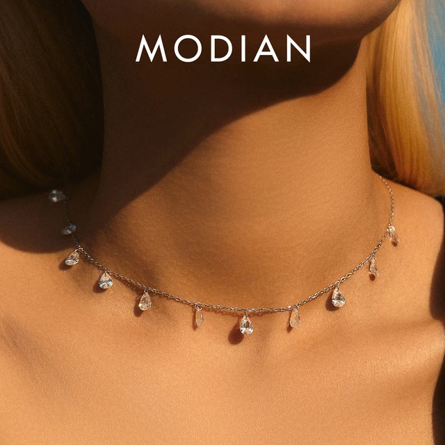 MODIAN 925 Sterling Silver Stackable Clavicle Chokers Naszyjnik Błyszczący cyrkon Łańcuszek na szyję dla kobiet Drobna biżuteria