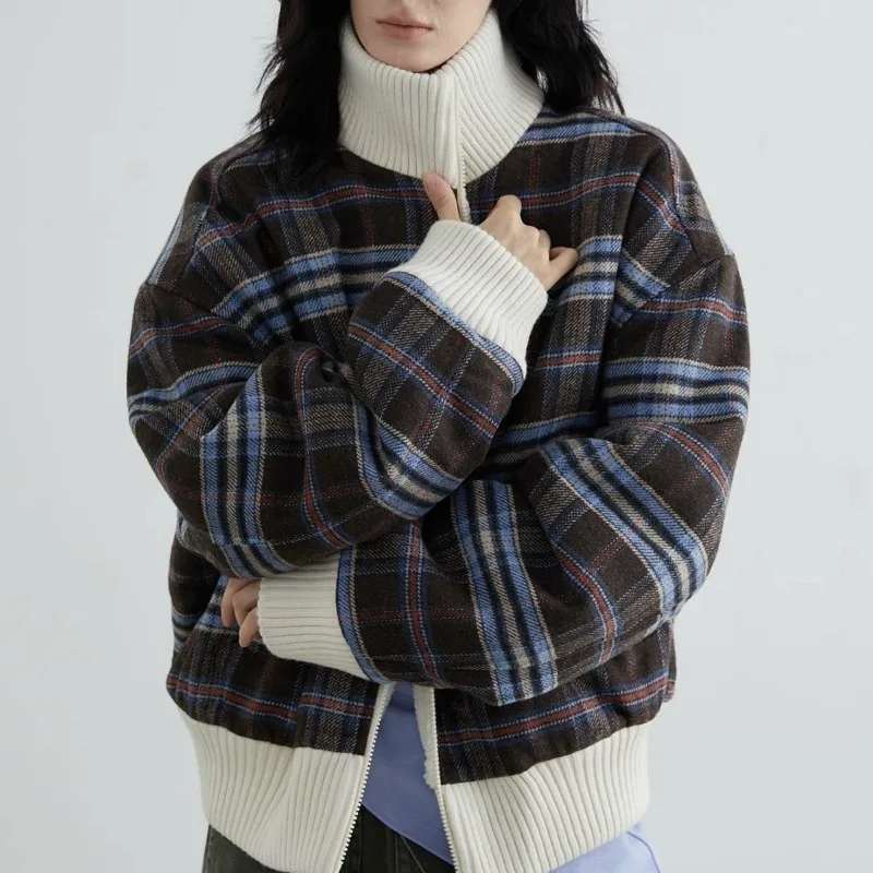 

American Retro Plaid Stand-up Collar Lamb Wool Jacket Cotton Jacket Women's Autumn and Winter Loose Casual Warm Zipper Top