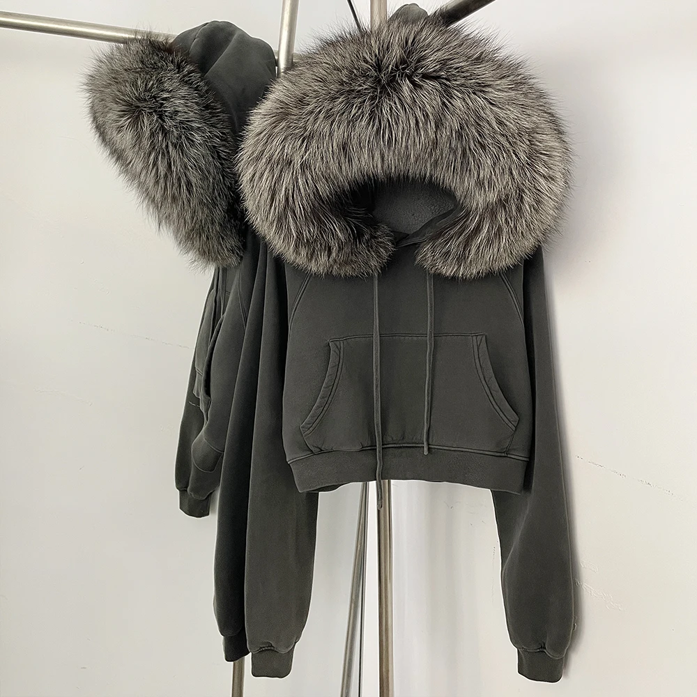 OFTBUY Real Fur Collar Insfleece-lined Versatile Cropped Smooths Silhouette Zip-up Hooded with Fur Sweatshirt Women New Spring