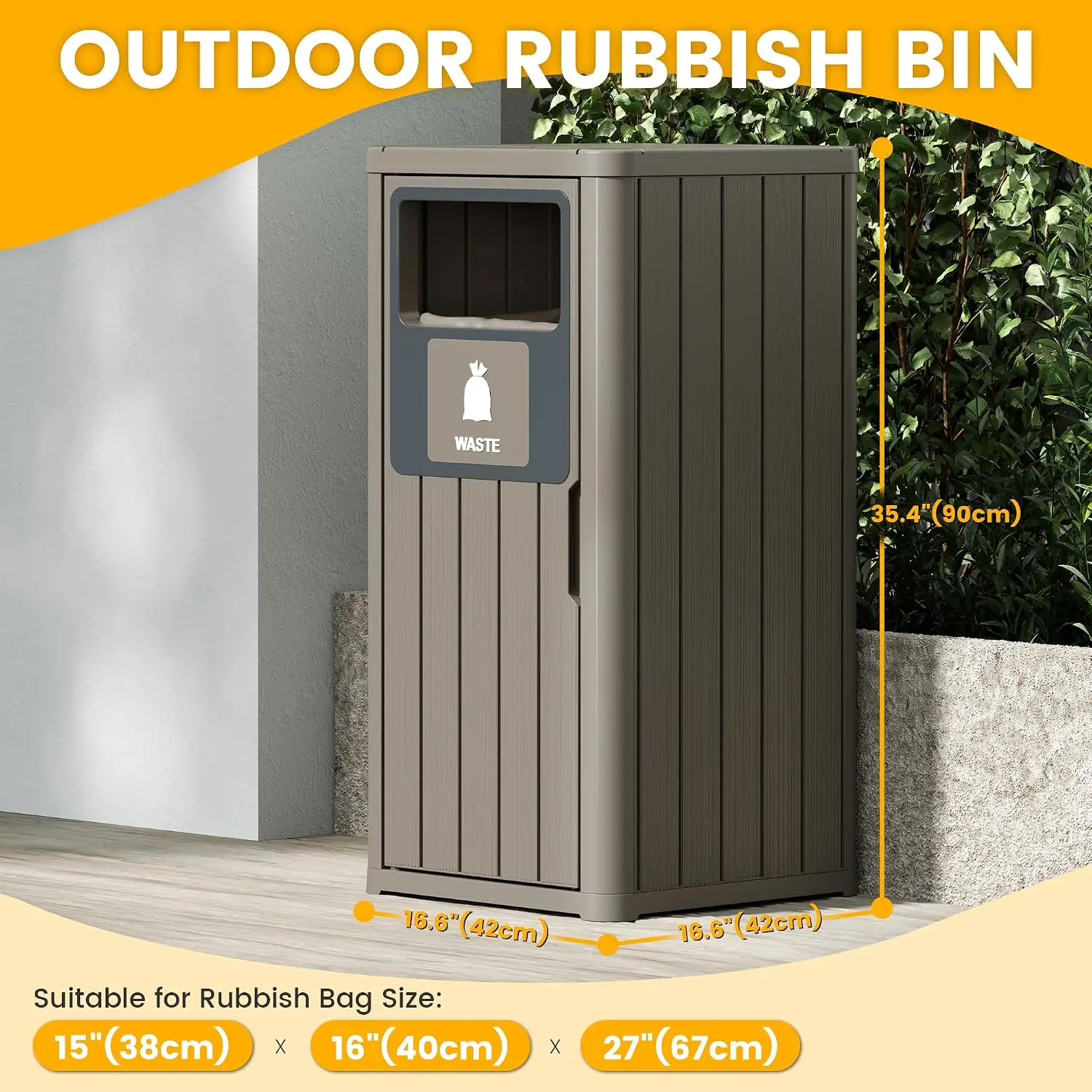 Outdoor Trash Can Waterproof Resin Patio Garbage Can for Outdoor Trash Bin for Patio, Garden, Gray (22 Gallon)