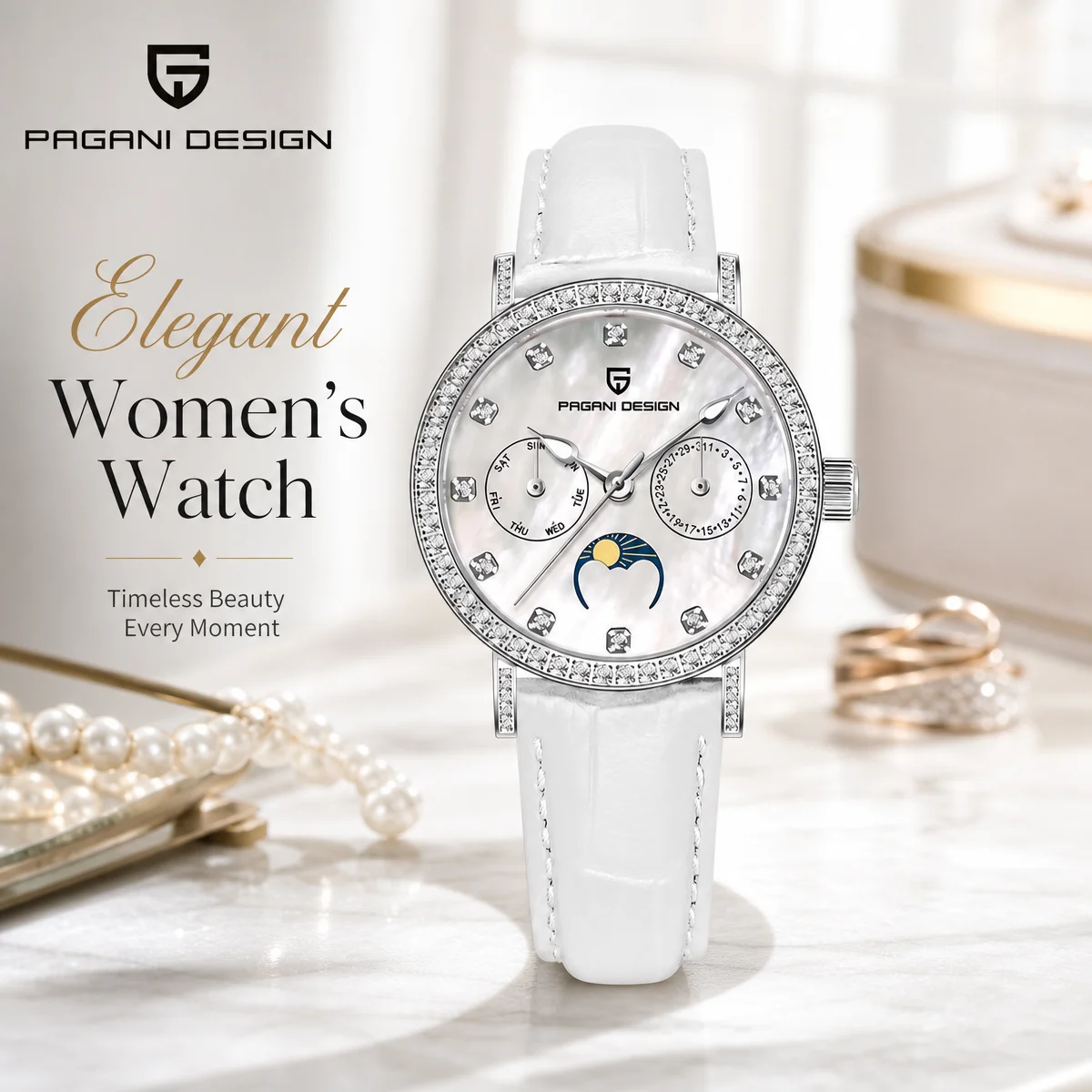 pagani-design-women's-multifunctional-quartz-watch-moon-phase-day-display-diamond-bezel-white-leather-strap